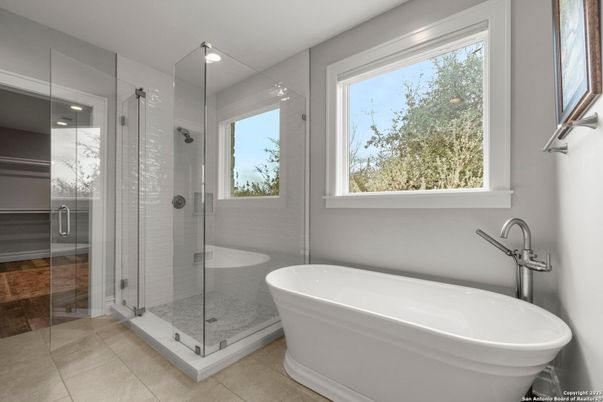 Bathroom, Free Standing Baths, Glass Shower, Interior, Recessed Lighting