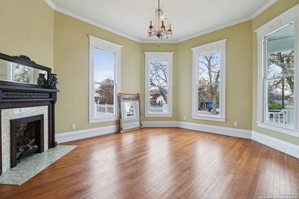 Chandelier, Empty room, Fireplace, Interior, Wood Texture Flooring