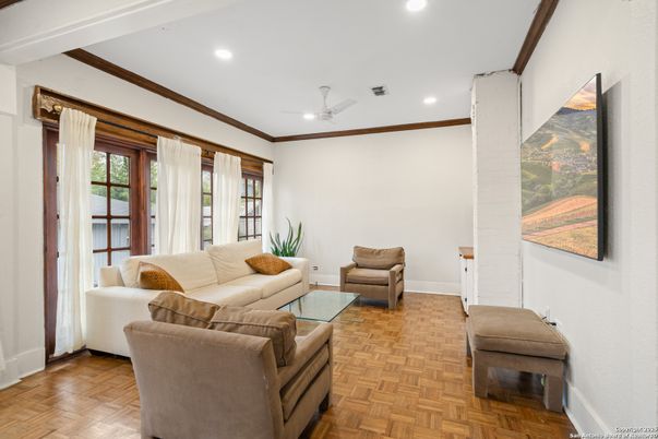 Interior, Living room, Recessed Lighting, Wood Texture Flooring