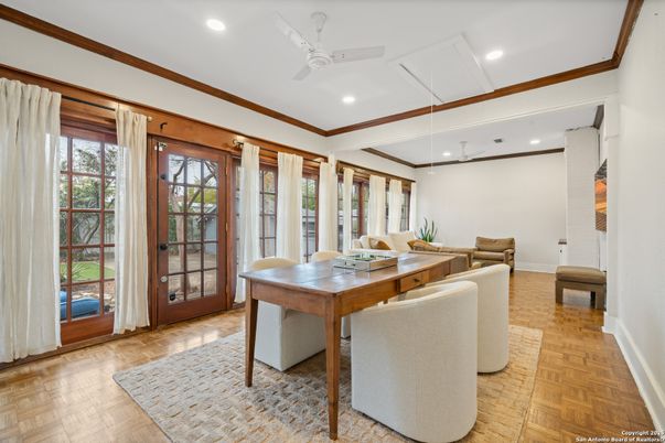 Dining room, Interior, Recessed Lighting, Wood Texture Flooring