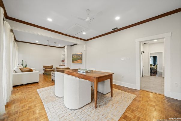 Dining room, Interior, Recessed Lighting, Wood Texture Flooring