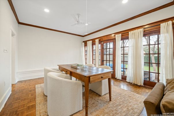 Dining room, Interior, Recessed Lighting, Wood Texture Flooring
