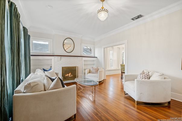 Fireplace, Interior, Living room, Recessed Lighting, Wood Texture Flooring