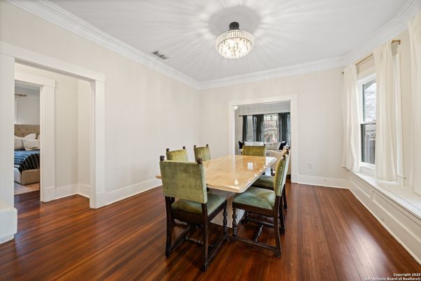 Bedroom, Chandelier, Dining room, Interior, Wood Texture Flooring