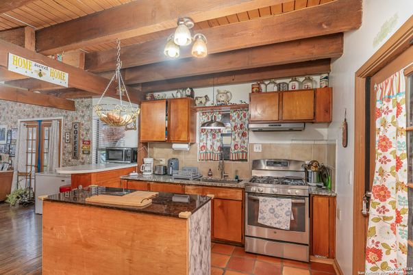Interior, Kitchen, Pendant Lights, Stainless Steel Appliances, Wooden Beams, Wooden Ceilings, Wood Texture Flooring