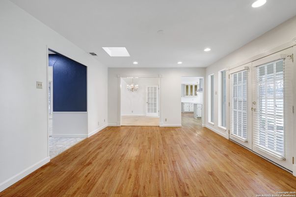 Chandelier, Empty room, Interior, Recessed Lighting, Wood Texture Flooring