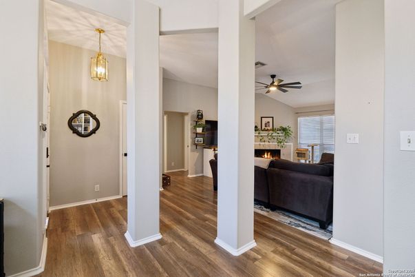 Fireplace, Interior, Living room, Pendant Lights, Wood Texture Flooring