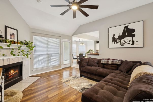 Dining room, Fireplace, Interior, Living room, Pendant Lights, Wood Texture Flooring