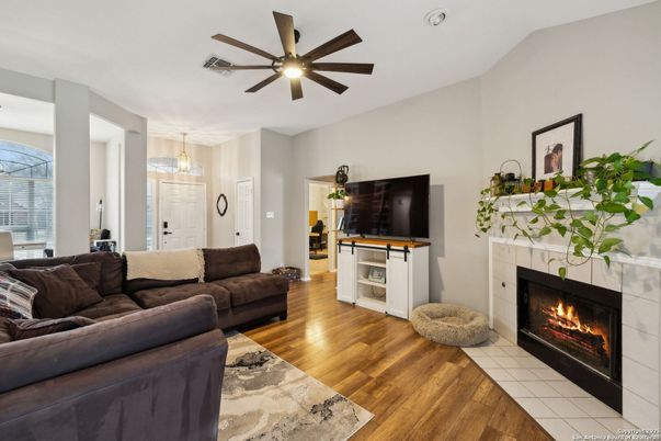 Fireplace, Interior, Living room, Pendant Lights, Wood Texture Flooring