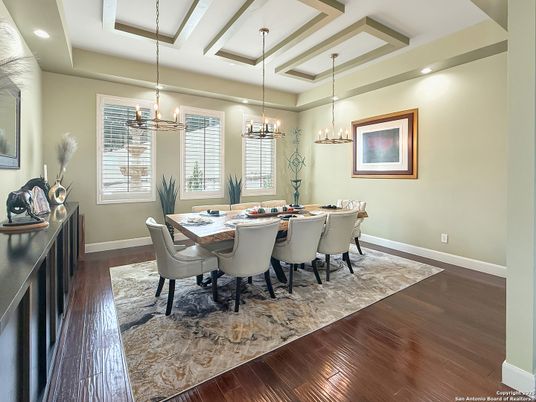 Dining room, Interior, Pendant Lights, Recessed Lighting, Wood Texture Flooring