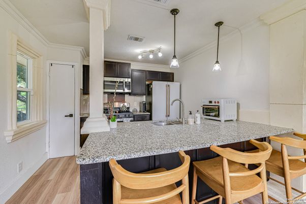 Interior, Kitchen, Pendant Lights, Stainless Steel Appliances, Wood Texture Flooring