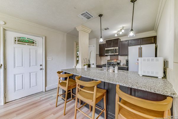 Interior, Kitchen, Pendant Lights, Stainless Steel Appliances, Wood Texture Flooring