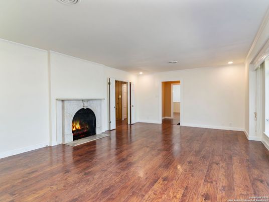 Empty room, Fireplace, Interior, Recessed Lighting, Wood Texture Flooring