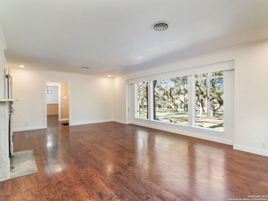 Empty room, Fireplace, Interior, Recessed Lighting, Wood Texture Flooring