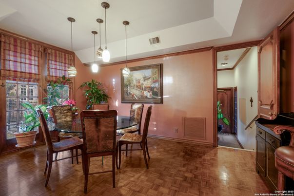 Dining room, Interior, Pendant Lights, Wood Texture Flooring