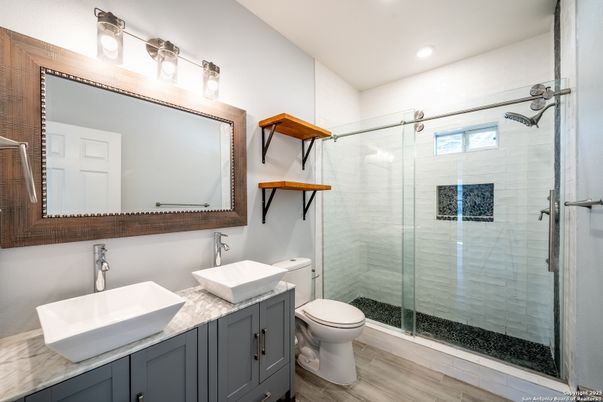 Bathroom, Glass Shower, Interior, Recessed Lighting, Wood Texture Flooring