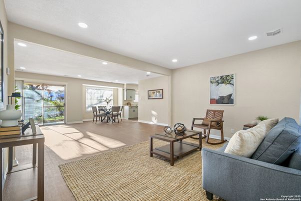 Dining room, Interior, Living room, Recessed Lighting, Wood Texture Flooring