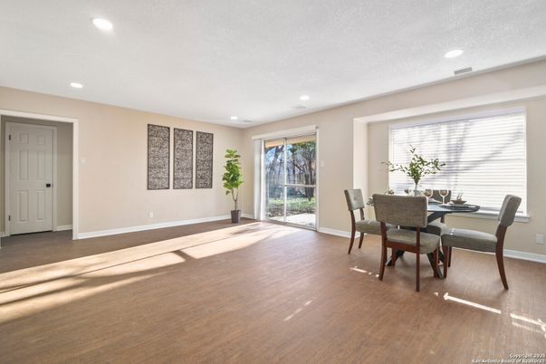Dining room, Interior, Recessed Lighting, Wood Texture Flooring