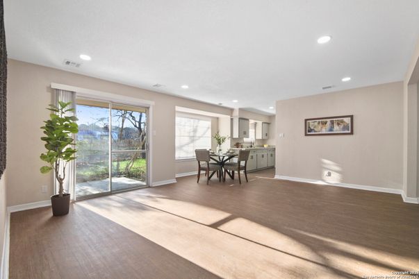 Dining room, Interior, Kitchen, Recessed Lighting, Wood Texture Flooring