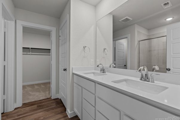 Bathroom, Dual Sink Vanities, Glass Shower, Interior, Recessed Lighting, Walk-in Closets, Wood Texture Flooring