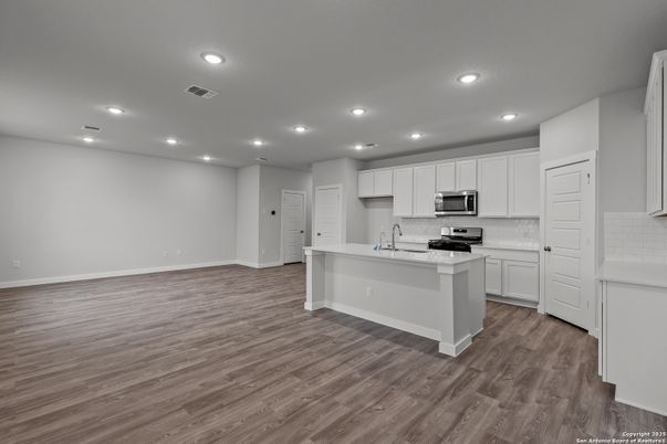 Interior, Kitchen, Recessed Lighting, Stainless Steel Appliances, Wood Texture Flooring