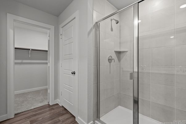 Bathroom, Glass Shower, Interior, Walk-in Closets, Wood Texture Flooring