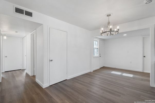 Chandelier, Empty room, Interior, Recessed Lighting, Wood Texture Flooring
