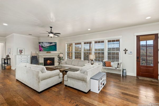 Fireplace, Interior, Living room, Recessed Lighting, Wood Texture Flooring