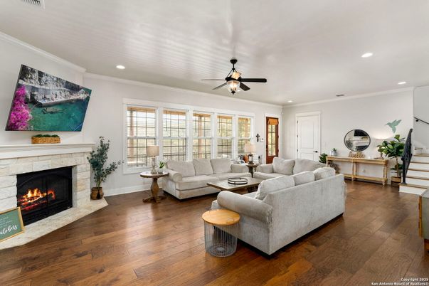 Fireplace, Interior, Living room, Recessed Lighting, Wood Texture Flooring