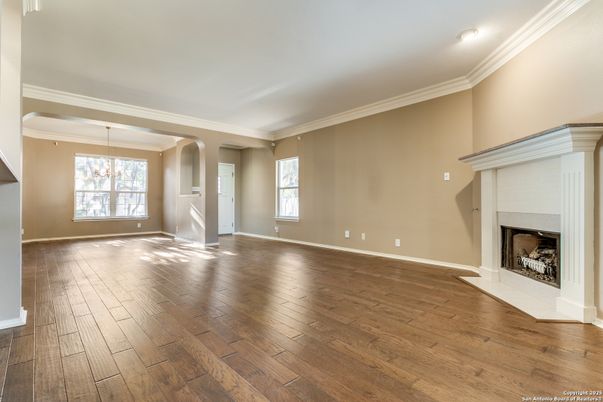 Empty room, Fireplace, Interior, Pendant Lights, Wood Texture Flooring