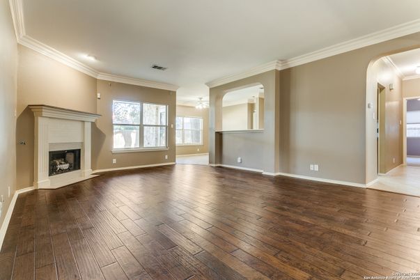 Empty room, Fireplace, Interior, Recessed Lighting, Wood Texture Flooring
