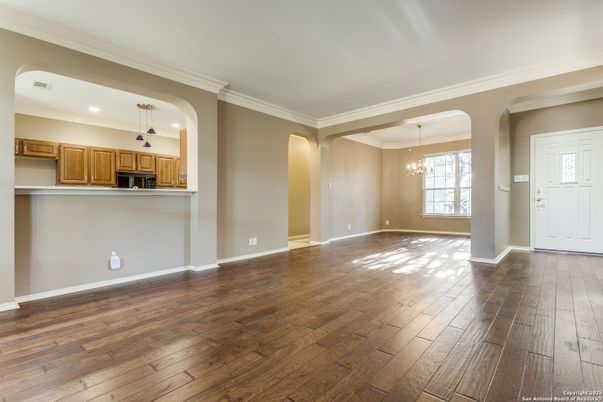 Chandelier, Empty room, Interior, Kitchen, Pendant Lights, Recessed Lighting, Wood Texture Flooring