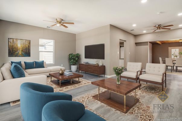 Dining room, Interior, Living room, Recessed Lighting, Wood Texture Flooring