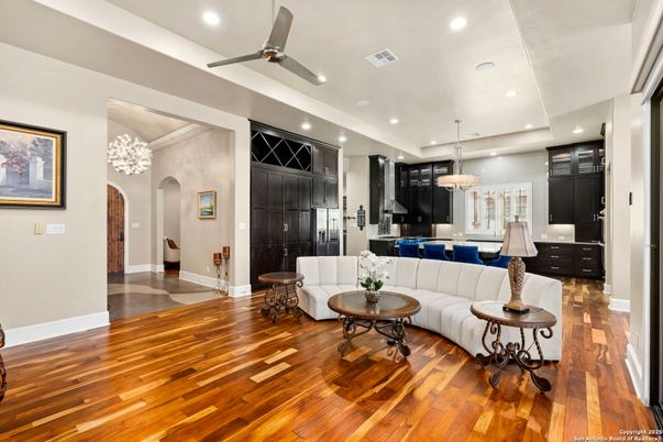 Chandelier, Interior, Living room, Recessed Lighting, Wood Texture Flooring