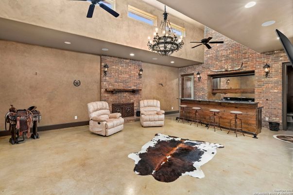 Chandelier, Fireplace, Interior, Recessed Lighting, Stone Walls