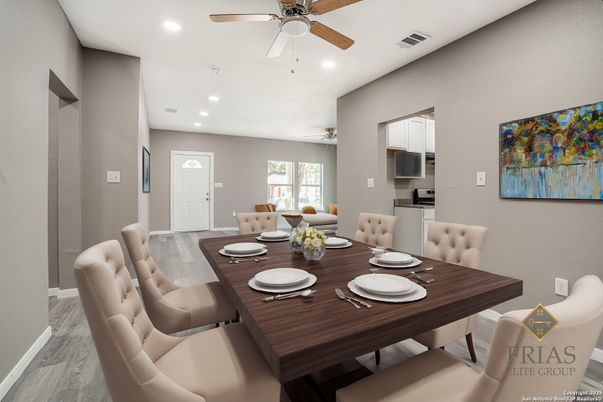 Dining room, Interior, Recessed Lighting, Wood Texture Flooring