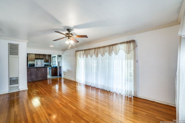 Empty room, Interior, Kitchen, Recessed Lighting, Wood Texture Flooring
