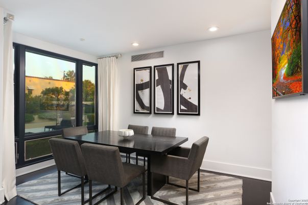 Dining room, Interior, Recessed Lighting, Wood Texture Flooring