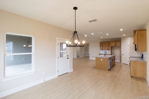 Chandelier, Interior, Kitchen, Pendant Lights, Recessed Lighting, Wood Texture Flooring