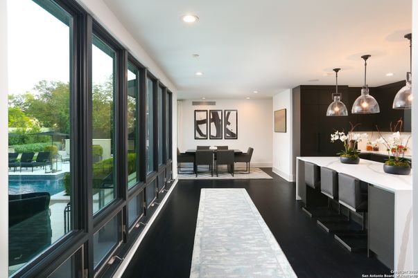 Dining room, Interior, Kitchen, Pendant Lights, Recessed Lighting, Wood Texture Flooring