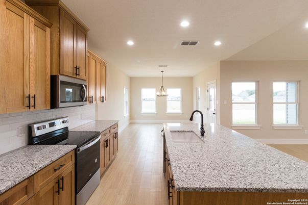Interior, Kitchen, Pendant Lights, Recessed Lighting, Wood Texture Flooring