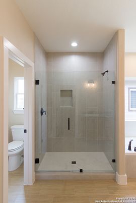 Bathroom, Glass Shower, Interior, Recessed Lighting, Wood Texture Flooring