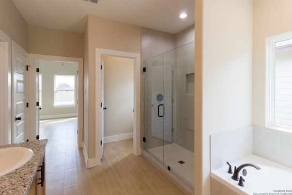 Bathroom, Glass Shower, Interior, Recessed Lighting, Wood Texture Flooring
