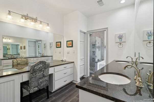 Bathroom, Dual Sink Vanities, Interior, Recessed Lighting, Wood Texture Flooring
