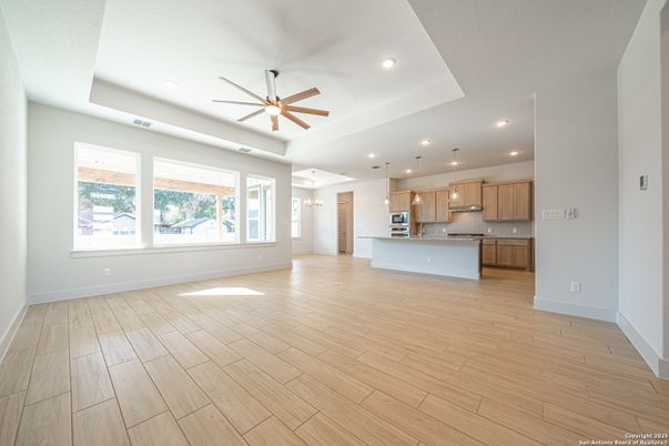 Empty room, Interior, Kitchen, Pendant Lights, Recessed Lighting, Wood Texture Flooring
