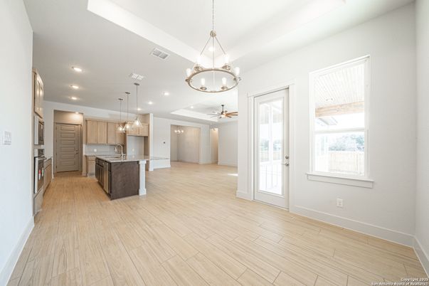 Chandelier, Interior, Kitchen, Pendant Lights, Recessed Lighting, Wood Texture Flooring