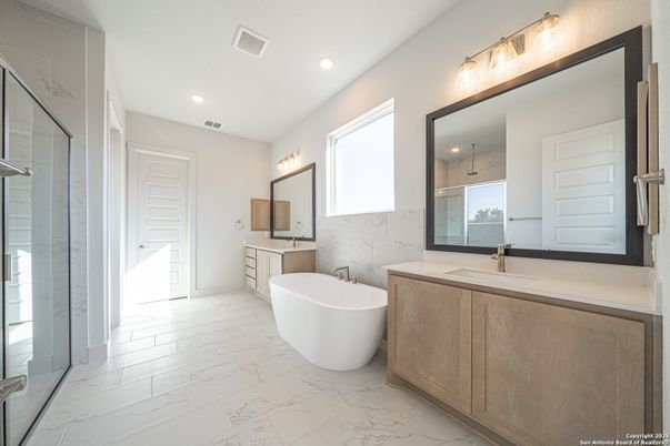 Bathroom, Dual Sink Vanities, Free Standing Baths, Interior, Marble, Marble Walls, Recessed Lighting