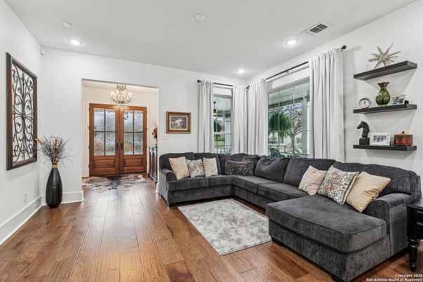 Chandelier, Interior, Living room, Recessed Lighting, Wood Texture Flooring