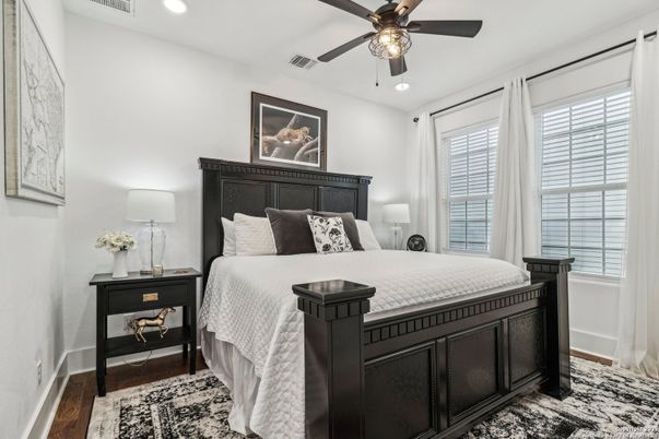 Bedroom, Interior, Recessed Lighting, Wood Texture Flooring