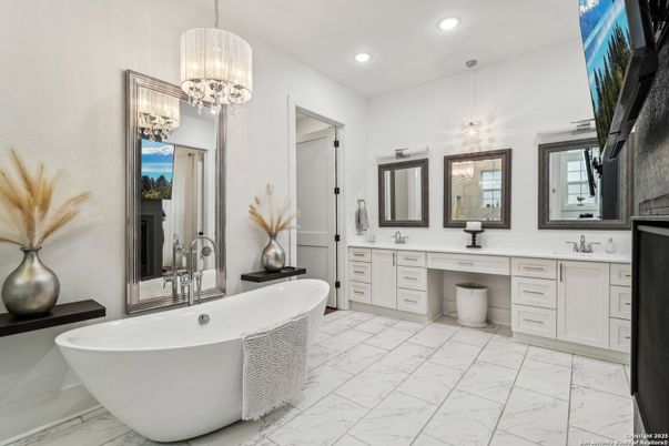Bathroom, Chandelier, Dual Sink Vanities, Free Standing Baths, Interior, Marble, Pendant Lights, Recessed Lighting